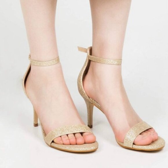 GOLD GLITTER ANKLE STRAP HEELS - Picture 2 of 9